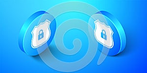 Isometric Shield security with lock icon isolated on blue background. Protection, safety, password security. Firewall