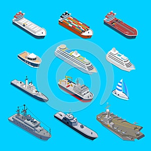 Isometric 12 ship detailed web vector icon set. Flat 3d isometry nautical naval civil military travel transport collection. Tanker