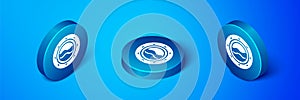 Isometric Ship porthole with rivets and seascape outside icon isolated on blue background. Blue circle button. Vector
