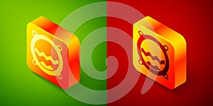Isometric Ship porthole with rivets and seascape outside icon isolated on green and red background. Square button