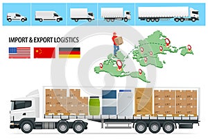 Isometric Shipping, Logistic Systems, Cargo transport. Big commercial semi truck with trailer. Cargo Truck