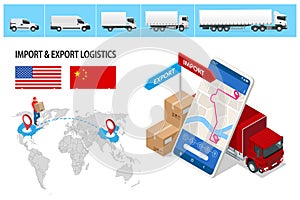 Isometric Shipping, Logistic Systems, Cargo transport. Cargo Truck transportation, delivery, boxes. Fast delivery or