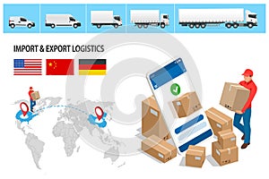 Isometric Shipping, Logistic Systems, Cargo transport. Cargo Truck transportation, delivery, boxes. Fast delivery or