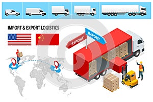 Isometric Shipping, Logistic Systems, Cargo transport. Cargo Truck transportation, delivery, boxes. Fast delivery or
