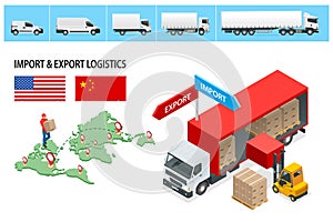 Isometric Shipping, Logistic Systems, Cargo transport. Cargo Truck transportation, delivery, boxes. Fast delivery or