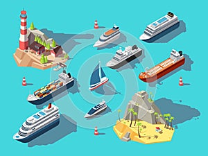 Isometric ships. Boats and sailing vessels, ocean tropical island with lighthouse and beach. 3d vector illustration