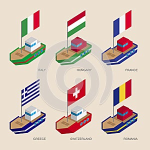 Isometric ships with flags: France, Romania, Hungary, Italy, Switzerland, Greece