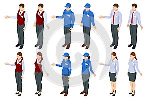 Isometric Shop Assistants in Supermarket Store Isolated on White. Shop Assistant in Headset. Professional Expert