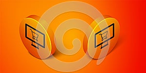 Isometric Shopping cart on monitor icon isolated on orange background. Concept e-commerce, e-business, online business