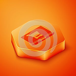 Isometric Shopping cart on screen laptop icon isolated on orange background. Concept e-commerce, e-business, online