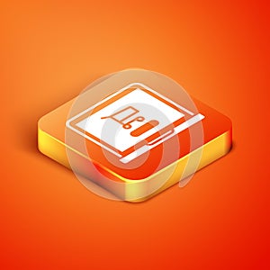 Isometric Shopping cart on screen laptop icon isolated on orange background. Concept e-commerce, e-business, online