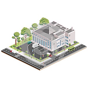 Isometric shopping mall. Infographic element. Supermarket building. Vector illustration. People, trucks and trees with green