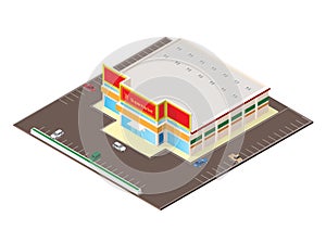 Isometric shopping mall or supermarket building icon