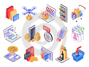 Isometric shopping. Online shop, market delivery and store sales. Internet purchasing and grocery products 3d vector