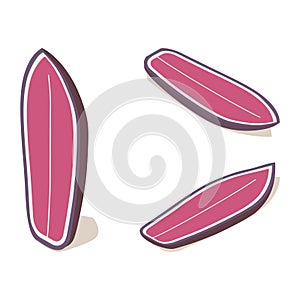 Isometric shortboard surfboard standing set, 3d lying pink water sport object in various foreshortening photo