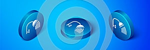 Isometric Shower head with water drops flowing icon isolated on blue background. Blue circle button. Vector