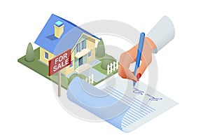 Isometric signed real estate purchase or lease agreement. Buyer. Mortgage online, new home buying online. Buying