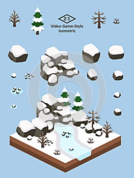 Isometric Simple Rocks Set - Boreal Forest Rock Formation Winter