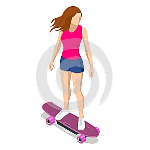 Isometric skateboard or longboard isolated on white. Girl skateboarding. Sporty woman riding on the skateboard on the