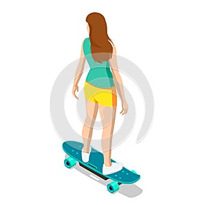 Isometric skateboard or longboard isolated on white. Girl skateboarding. Sporty woman riding on the skateboard on the