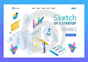 Isometric sketch of a startup, project on paper, project development and design. Landing page concepts and web design