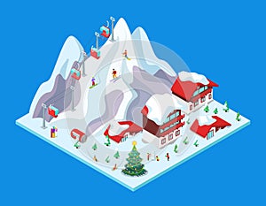 Isometric Ski Resort with Hotel Buildings, Snowy Mountains and Lift