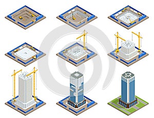 Isometric Skyscraper construction process. Building crane, multi-storey building under construction.