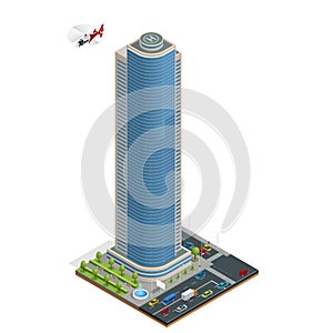 Isometric skyscraper with helipad on the roof composition with building and road isolated vector illustration Collection