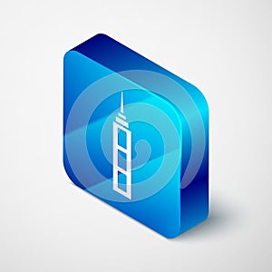 Isometric Skyscraper icon isolated on grey background. Metropolis architecture panoramic landscape. Blue square button