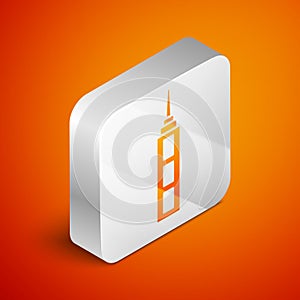 Isometric Skyscraper icon isolated on orange background. Metropolis architecture panoramic landscape. Silver square