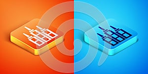 Isometric Skyscraper icon isolated on orange and blue background. Metropolis architecture panoramic landscape. Vector