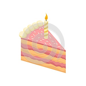 Isometric slice of delicious cake with burning candle. Tasty birthday dessert. Sweet food. Vector element for postcard