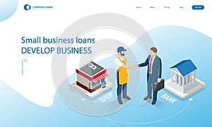 Isometric small business loan form financial concept. Shop that get loans from bank without collateral