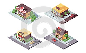 Isometric small business shops concept. Atelier, women dress and shoes boutique, jewelry in 3d, with shadows and greenery,