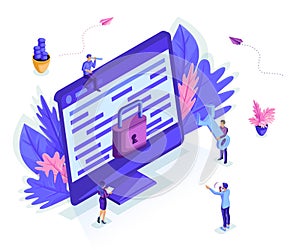 Isometric small people work with a monitor, concept of protecting computer data for a web page, application development