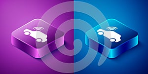 Isometric Smart car system with wireless connection icon isolated on blue and purple background. Remote car control