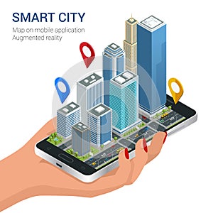 Isometric Smart City concept. Mobile gps navigation and tracking concept. Hand holding smartphone with city map path and