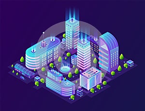 Isometric smart city. Futuristic 3D buildings in neon town, modern megapolis district in gradient colors. Vector