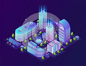Isometric smart city. Futuristic 3D buildings in neon town, modern megapolis district in gradient colors. Vector photo