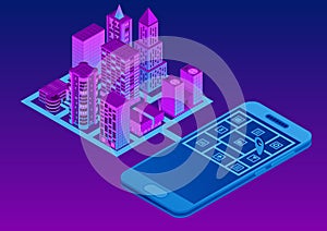 Isometric smart city. Mobile GPS navigation. Search and information of places on the city map.