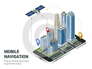 Isometric Smart City or Mobile navigation concept. Mobile gps navigation and tracking concept. Smartphone with city map