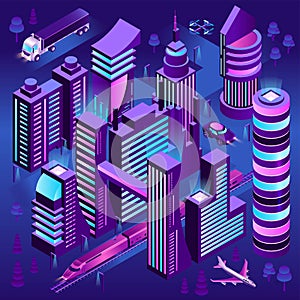 Isometric Smart City. Modern Futuristic Neon Town Structure, Transport And Buildings. Vector Illustration.