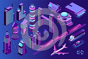 Isometric Smart City. Modern Futuristic Neon Town Structure, Transport And Buildings. Vector Illustration.