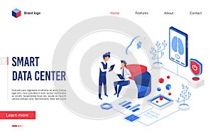 Isometric smart data center vector illustration, cartoon flat website interface design with 3d tiny user people and