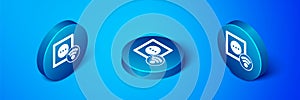 Isometric Smart electrical outlet system icon isolated on blue background. Power socket. Internet of things concept with