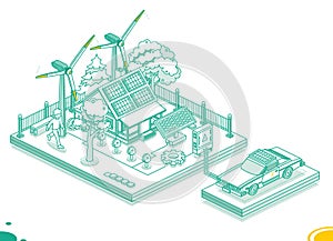 Isometric Smart House with Electric Car, Solar Panels, Wind Turbine and Electric Transformer. Generation of Green Energy.