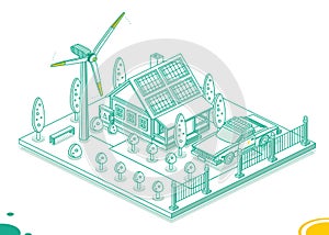Isometric Smart House with Solar Panels, Wind Turbine and Electric Transformer. Generation of Green Energy. Sustainable Renewable