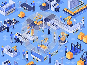 Isometric smart industrial factory. Automated production line, automation industry and factories engineer workers vector