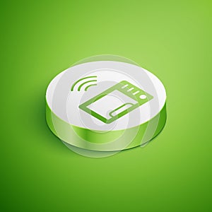 Isometric Smart microwave oven system icon isolated on green background. Home appliances icon. Internet of things