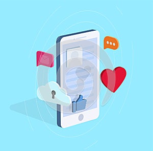 Isometric smart phone illustration wirh various icons of social media and comunication